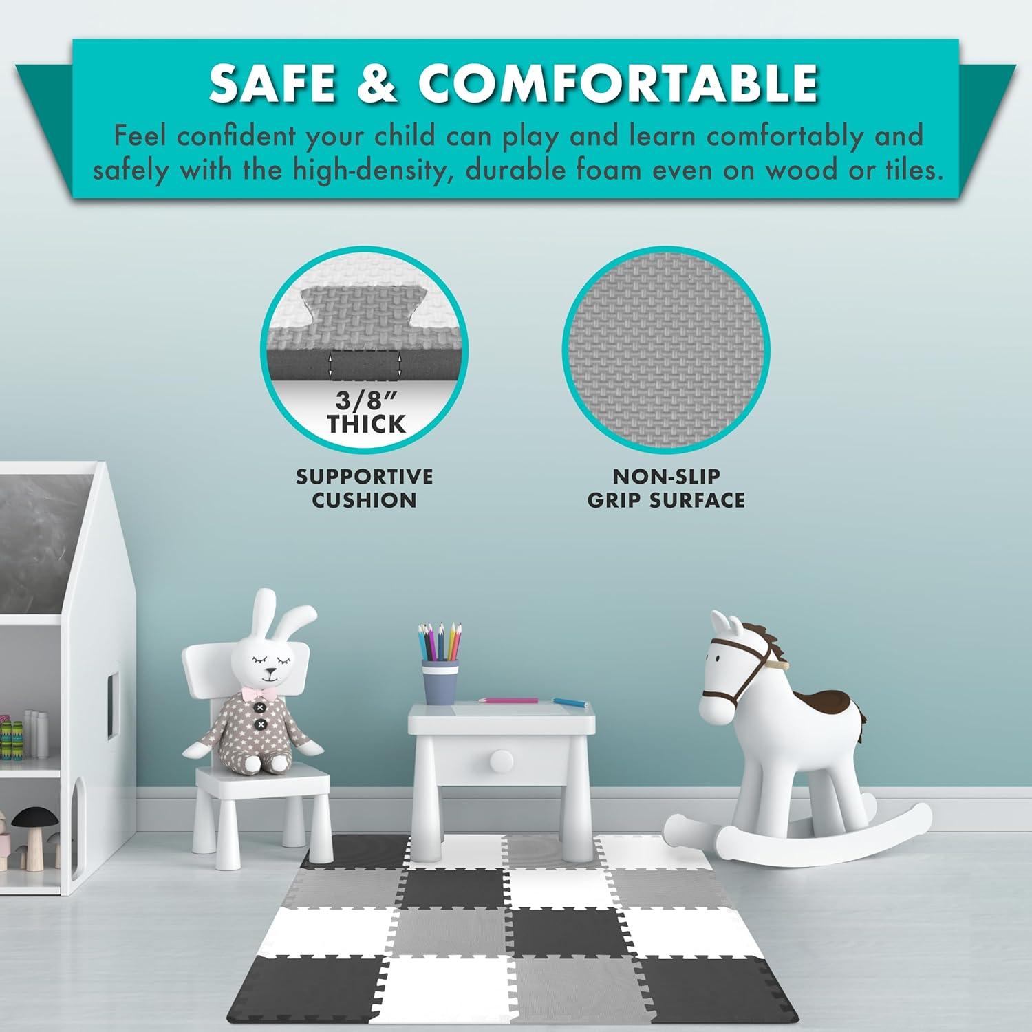 Prosource Kids Solid Floor Play Mat 3/8-in, 16 Sq Ft - 16 Tiles, Black/Grey/White