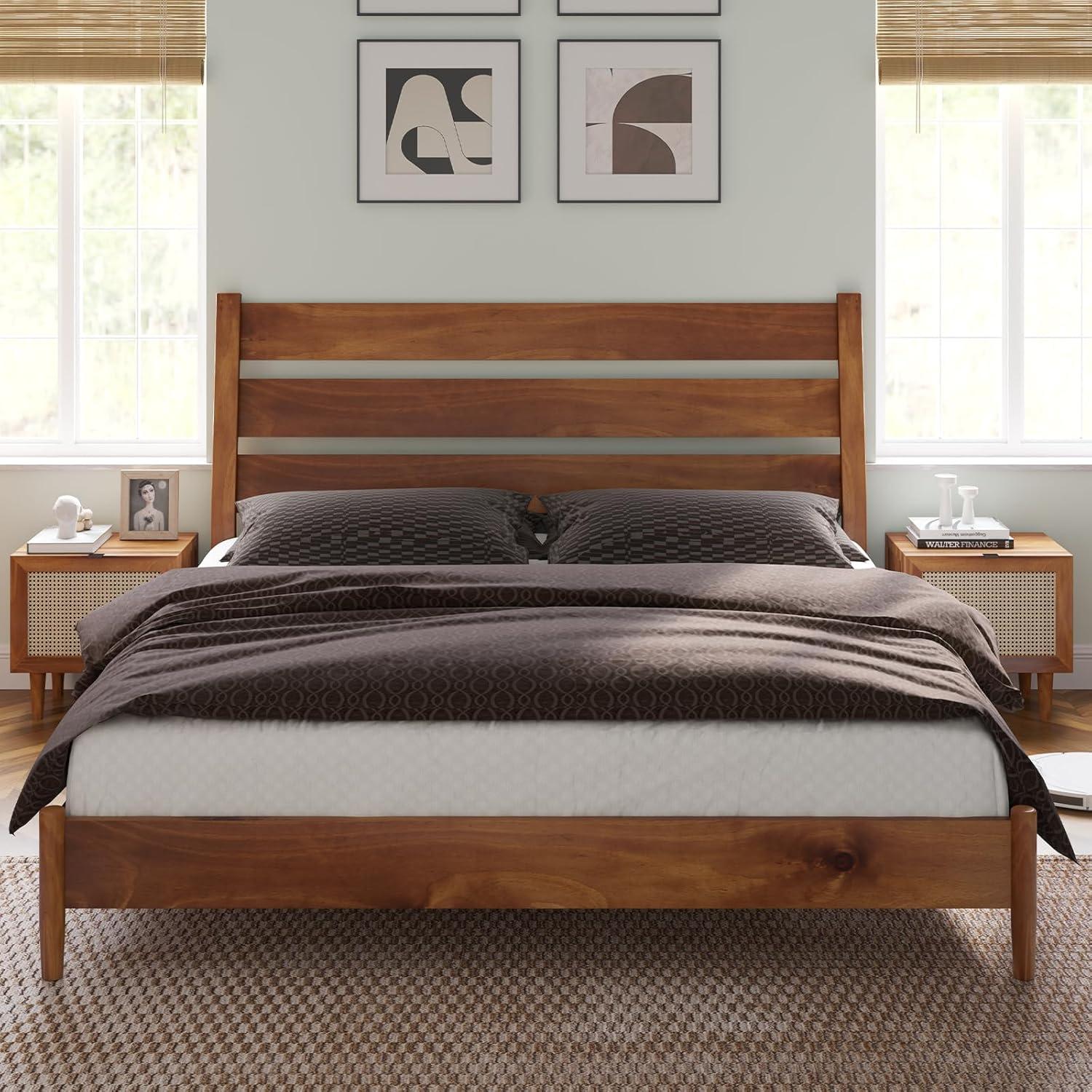 Solid Wood Bed Frame with Reclining Slatted Headboard