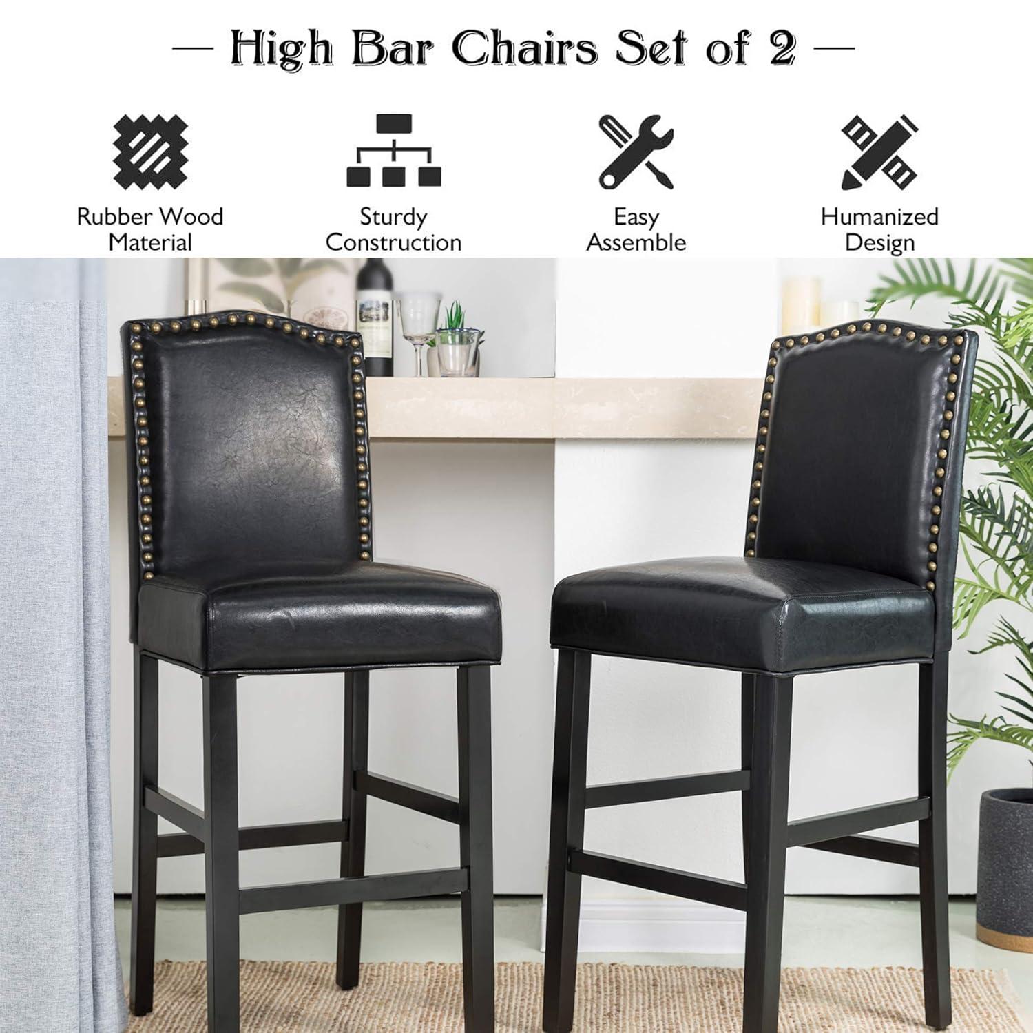 Set of 2 Upholstered PU Barstools with Studded Decor - Glitzhome
