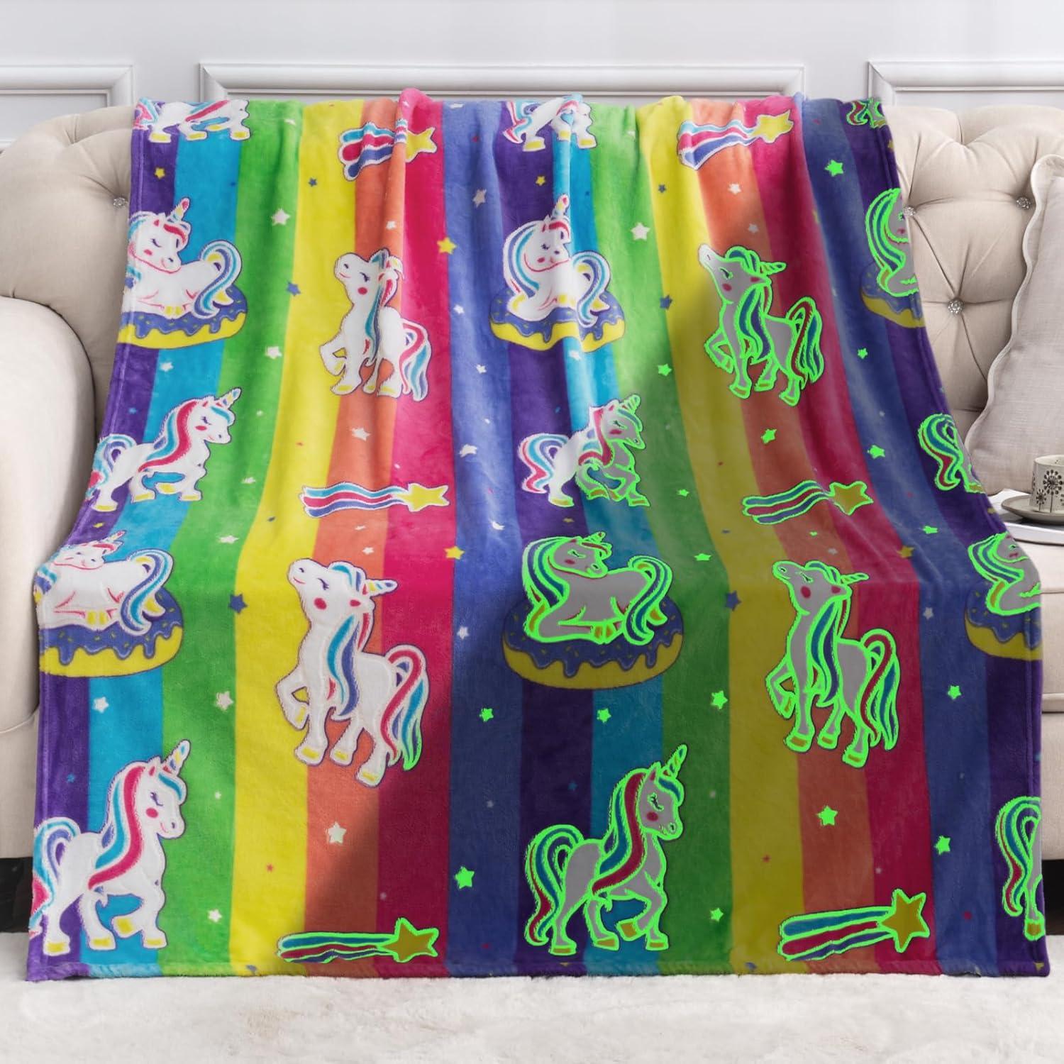 Colorful Glow-in-the-Dark Unicorn Rainbow Toddler Blanket