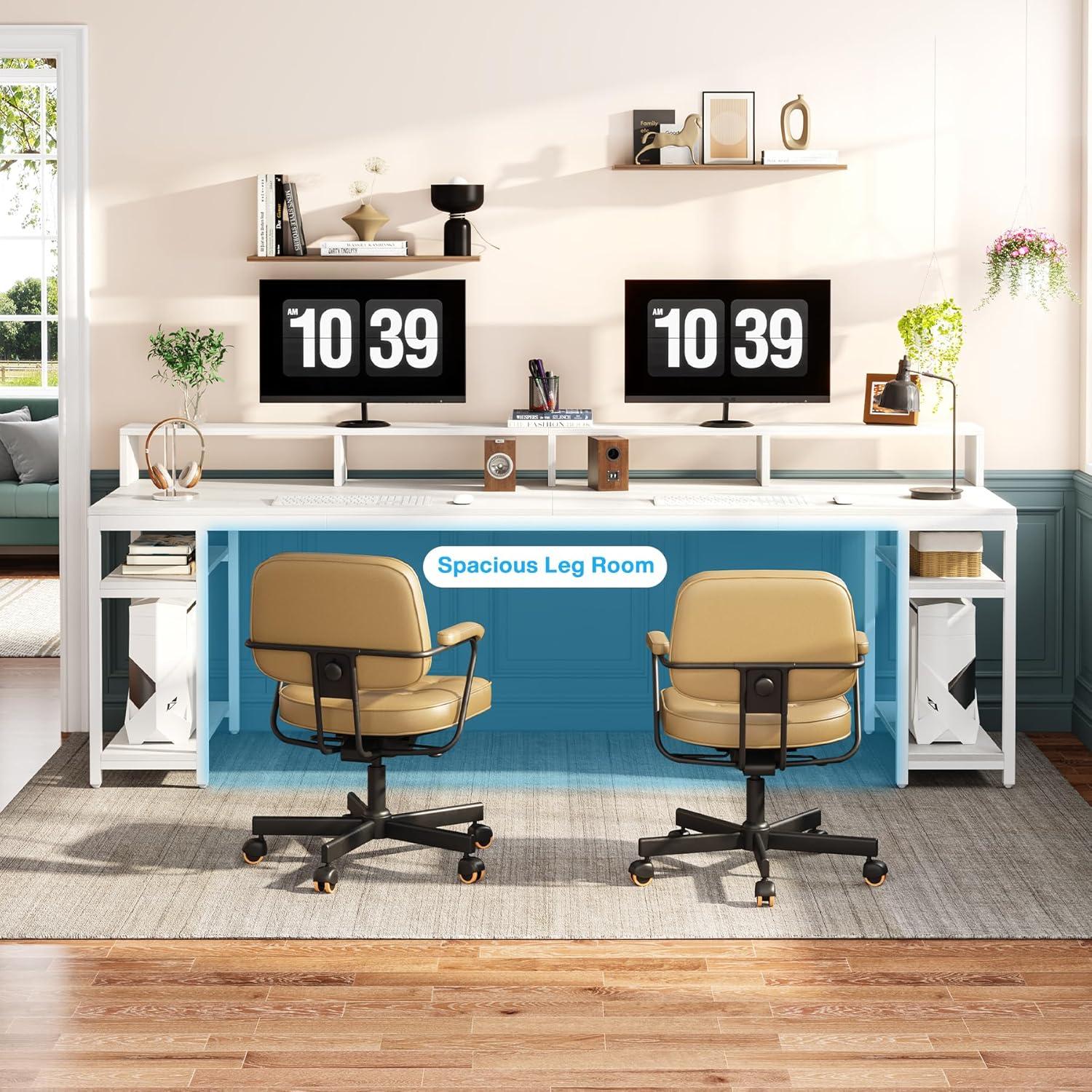 Tribesigns Two Person Desk with Monitor Stand, 78.74" Long Double Computer Office Desk with Storage Shelves, Large Gaming Desk Study Writing Table Workstation for Home Office (White)