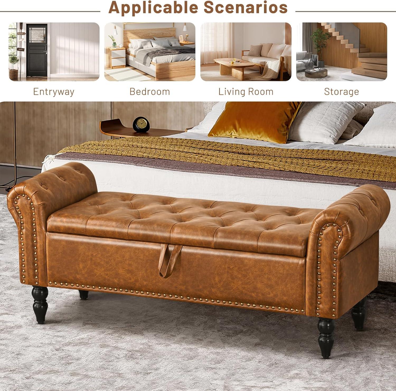 Furniliving Storage Ottoman Bench with Arms Button Tufted End of Bed Bench Large Storage Bench for Bedroom, Entryway, YellowBrown