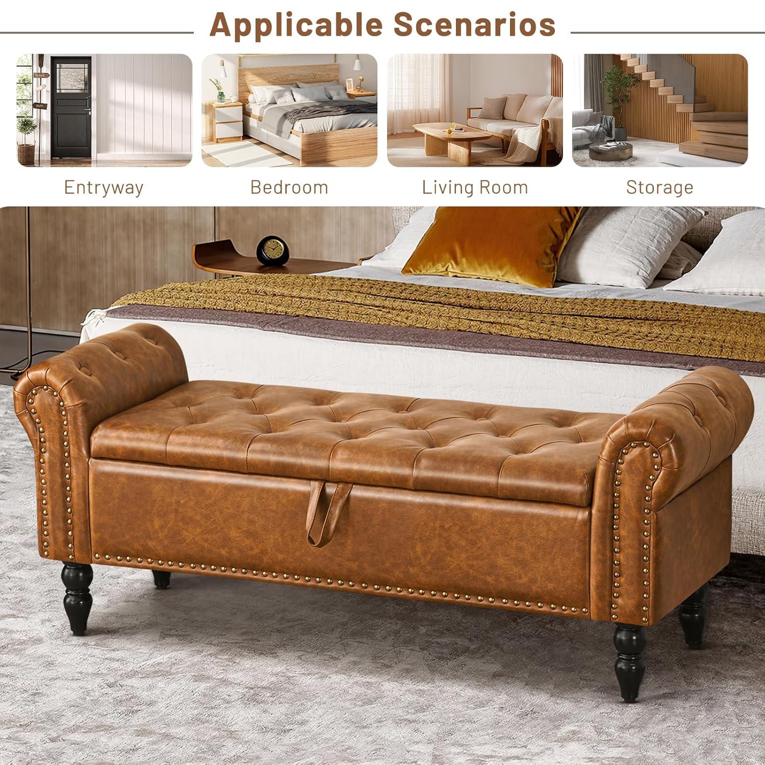 Furniliving Storage Ottoman Bench with Arms Button Tufted End of Bed Bench Large Storage Bench for Bedroom, Entryway, YellowBrown