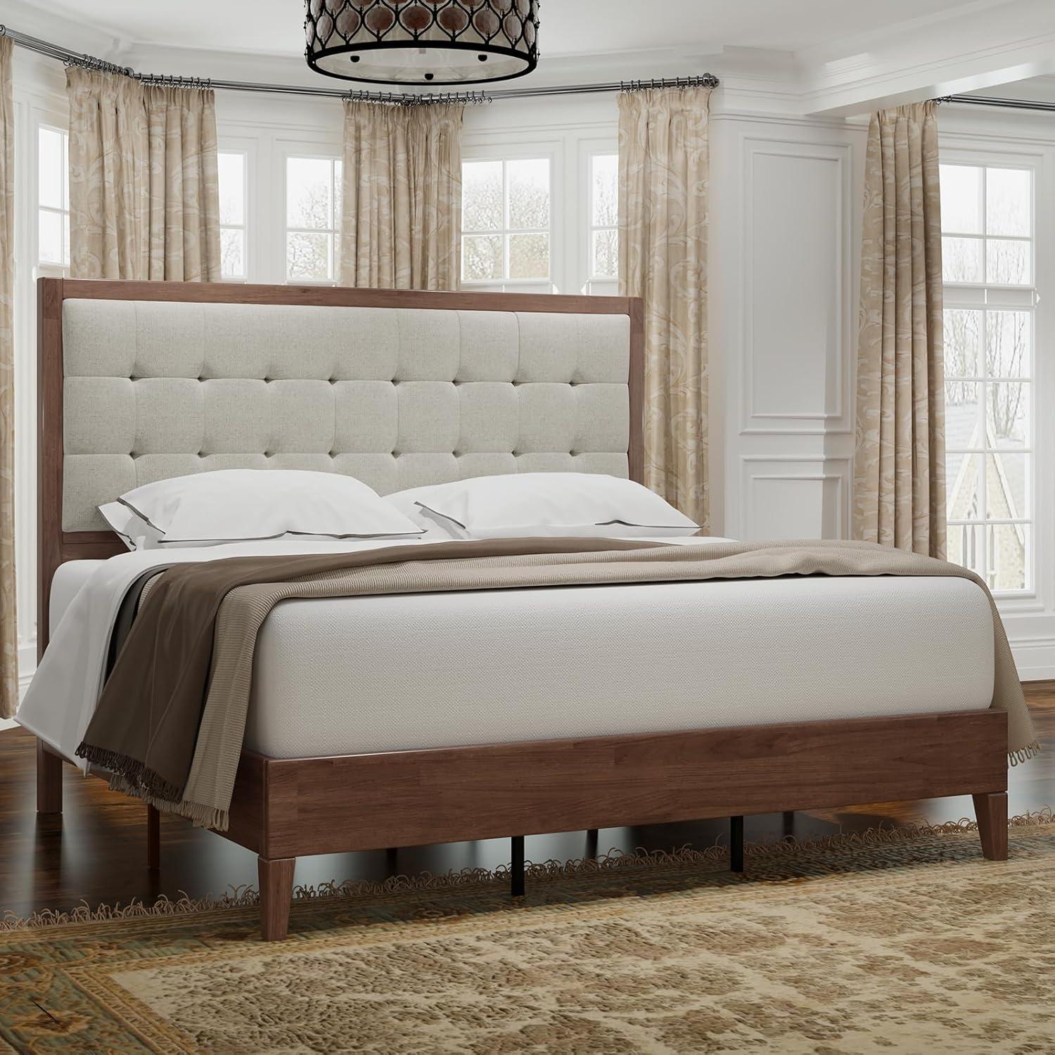 Merluxy Queen Bed Frame, Wood Platform Bed with Upholstered Headboard, Walnut