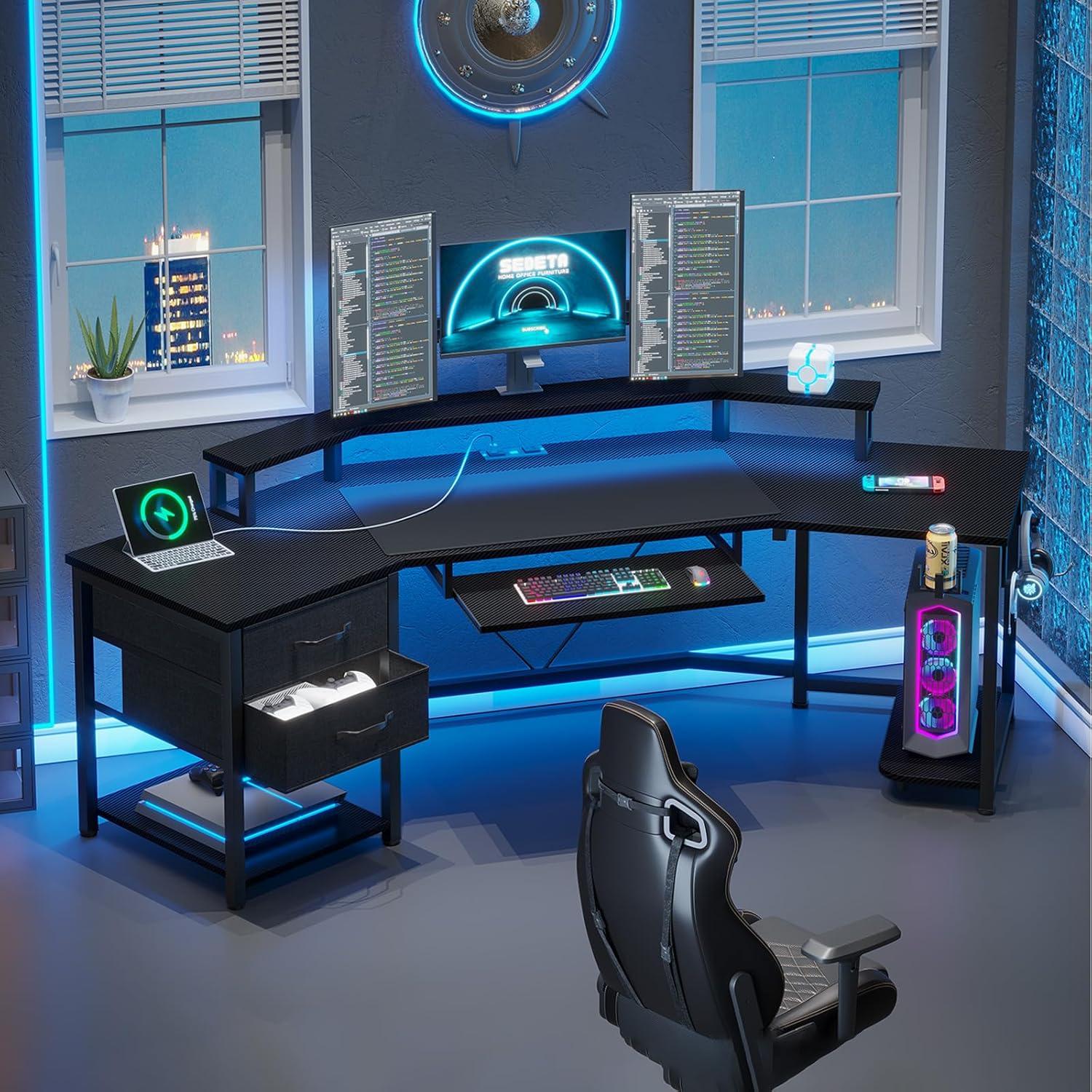ADORNEVE Adult Collection Combat 2 Fabric Drawers and RGB LED Light Black Gaming Desk, Black