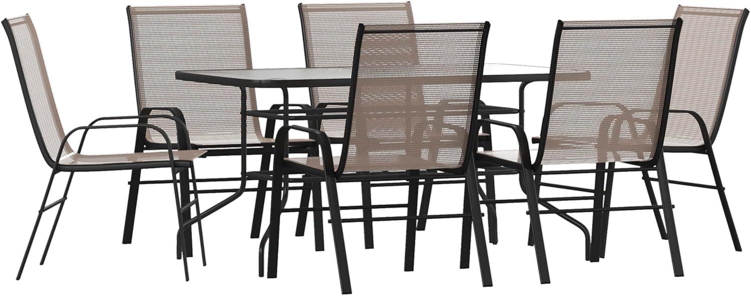 Flash Furniture Brazos Series 7-Piece Outdoor Rippled Glass Patio Table Set with 6 Chairs, Brown