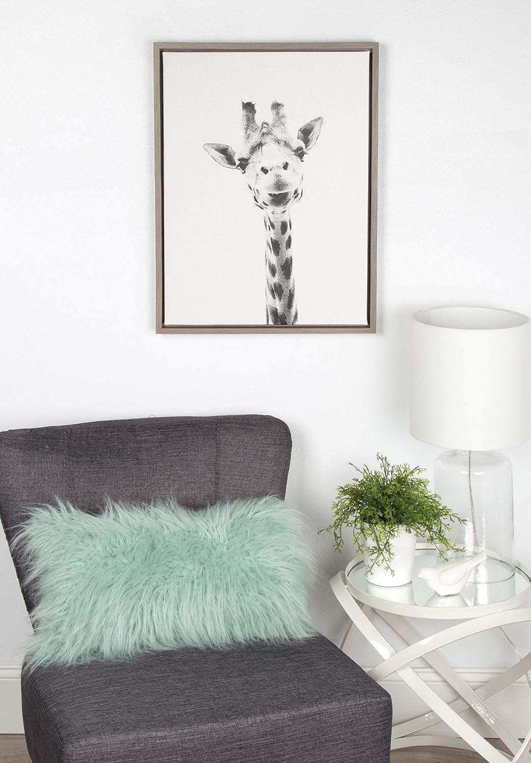 24" x 18" Giraffe Framed Kids' Canvas Art Gray - Uniek: Giraffe Picture for Kids Room, Animal Wall Art, Vertical Photograph