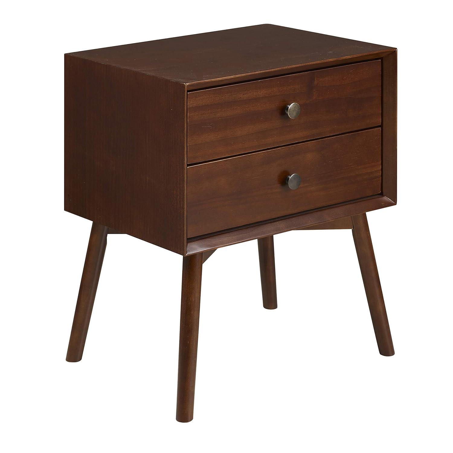 Walnut Pine Wood 2-Drawer Mid-Century Modern Nightstand