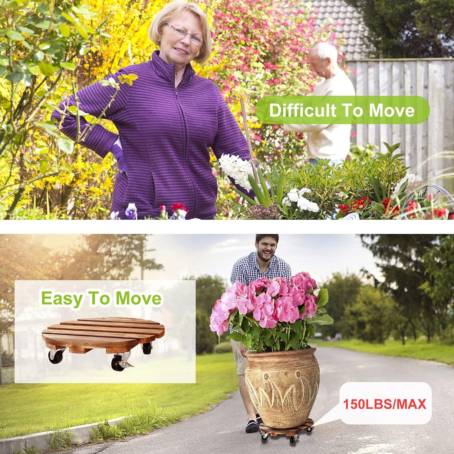 BUSATIA 2pack 12" Plant Caddy Plant Stand with Wheels,Rolling Plant Stand Heavy Duty Wooden Round Plant Dolly Rollers with 360°Metal Lockable Casters Indoor Outdoor Pot Plant Roller Base Caddies