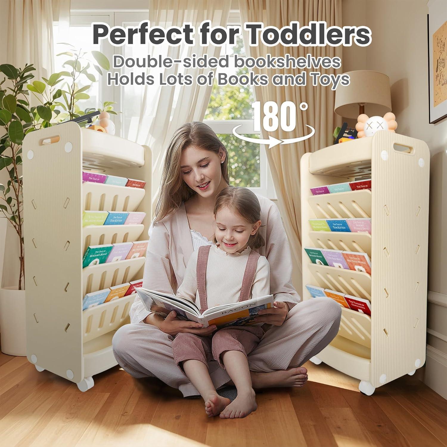 hoopyosms 6-Tier Double-Sided Kids Bookshelf With Wheels, Slanted Shelves & HDPE Material - Beige, Mobile Book Storage For Bedroom Or Playroom