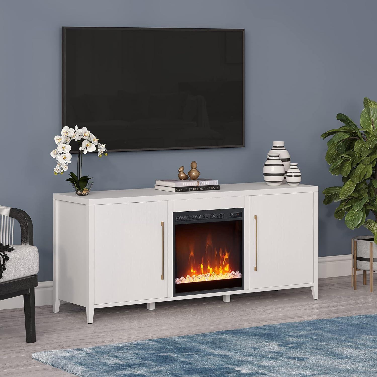 White MDF TV Stand with Crystal Fireplace and Storage Cabinets