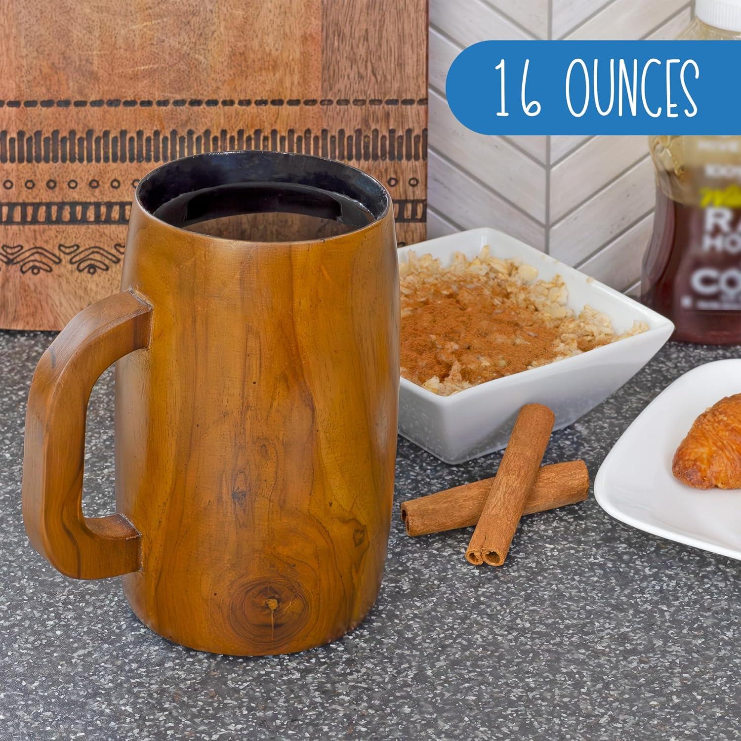 Darware Teak Wood Coffee Mugs, 2pc Set; Wooden Stein Retro 16 Fluid Ounce Cups