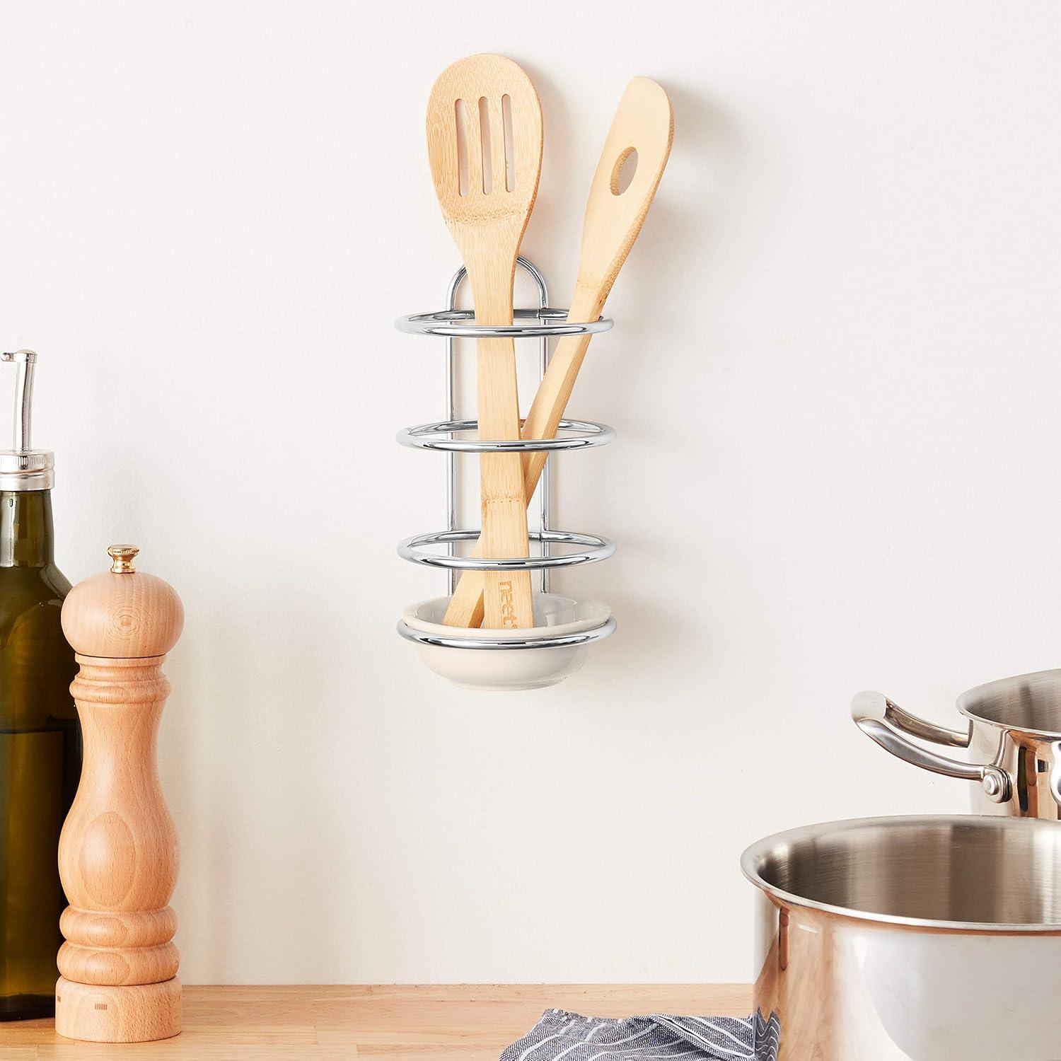 Spectrum Upright, Standing Spoon Rest With Ceramic Dish Utensil Holder for Stovetop & Kitchen Counter Organization, Modern Vertical Design, Chrome/White