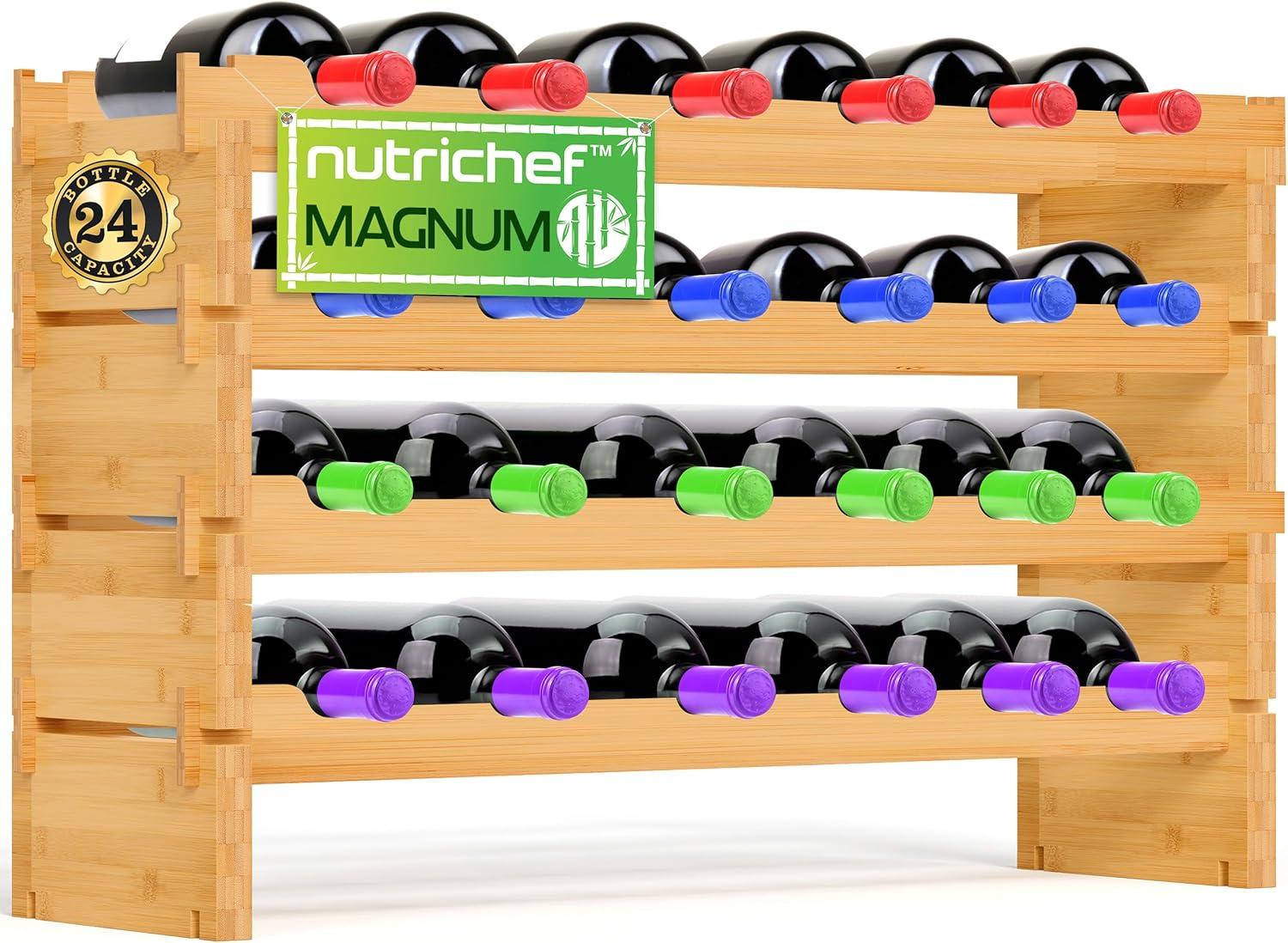 SereneLife 4-Tier Bamboo Wine Rack - Holds 24 Bottles, Stackable, Natural Finish