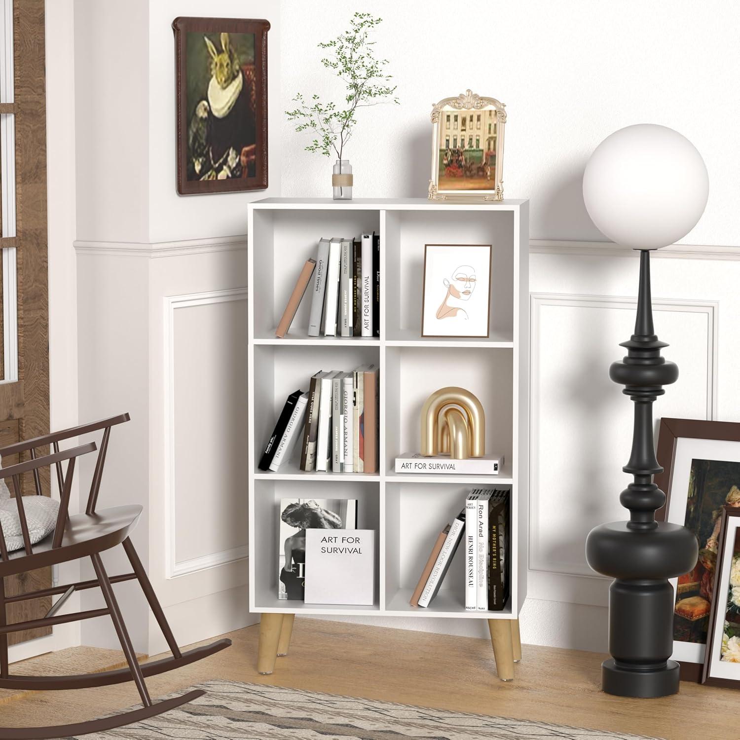 6 Cube Storage Organizer with Legs, 3 Tier Cube Low Bookcase Freestanding Storage Display Organizer for Home Office, Six-Cubes Open Shelf Bookshelf (White, 6 Cube Vertical)