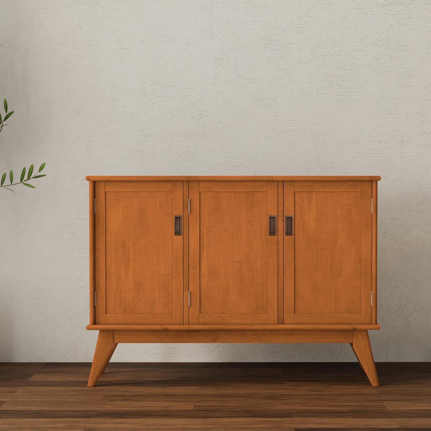 Simpli home Draper SOLID HARDWOOD and Rubberwood 50 inch x 17 inch Rectangle Mid Century Modern 3 Door Sideboard Buffet in Teak Brown