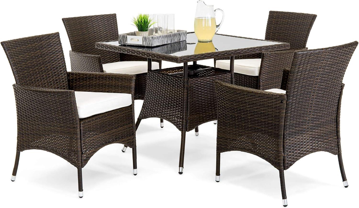 5-Piece Brown Wicker Patio Dining Set with Glass Tabletop and Cream Cushions