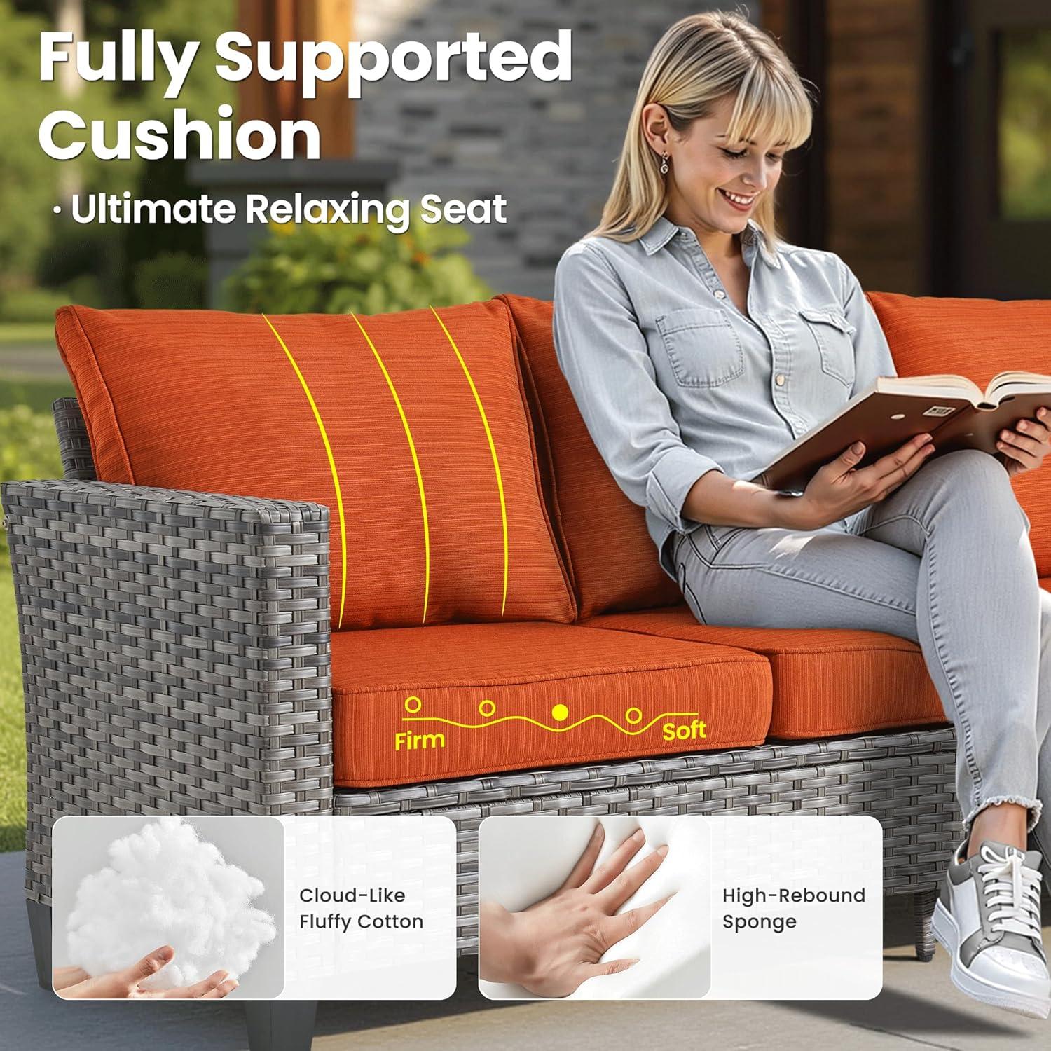OVIOS  8-piece Rattan Wicker Patio Furniture Set Swivel Rocking Chair Set Red/Orange