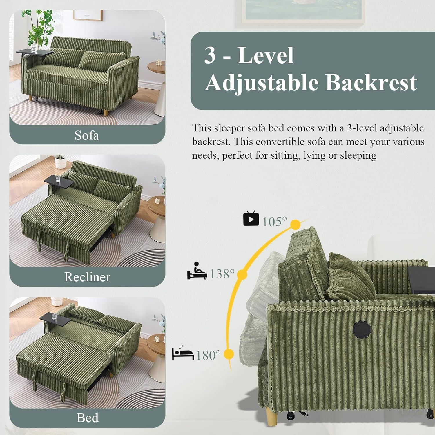 54"W Convertible Sleeper Sofa Bed,3-In-1 Corduroy Pull Out Couch Bed,Futon Loveseat Sleeper Couch with Adjustable Backrest and USB Ports & Side Table,Recliner for Living Room,Office,Small Space,Green