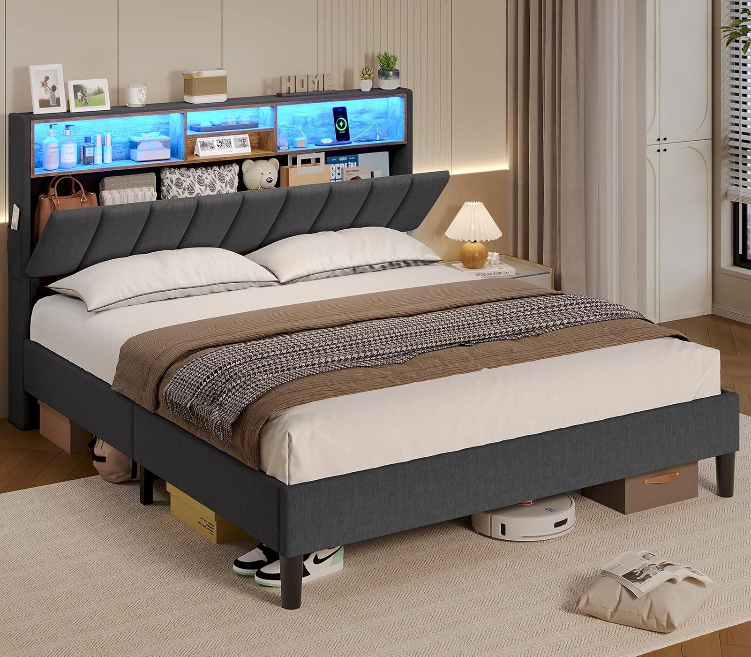 Full Size Dark Grey Upholstered Platform Bed with LED Storage Headboard