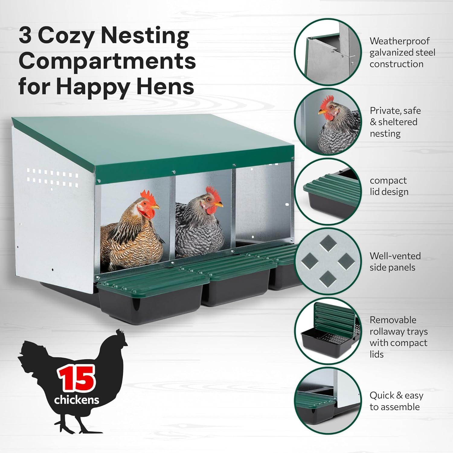 Compact Style 3 Compartment, Forward Rollout & Rollaway, Hen & Chicken Nesting Box with Protective Egg Laying Collection Lids