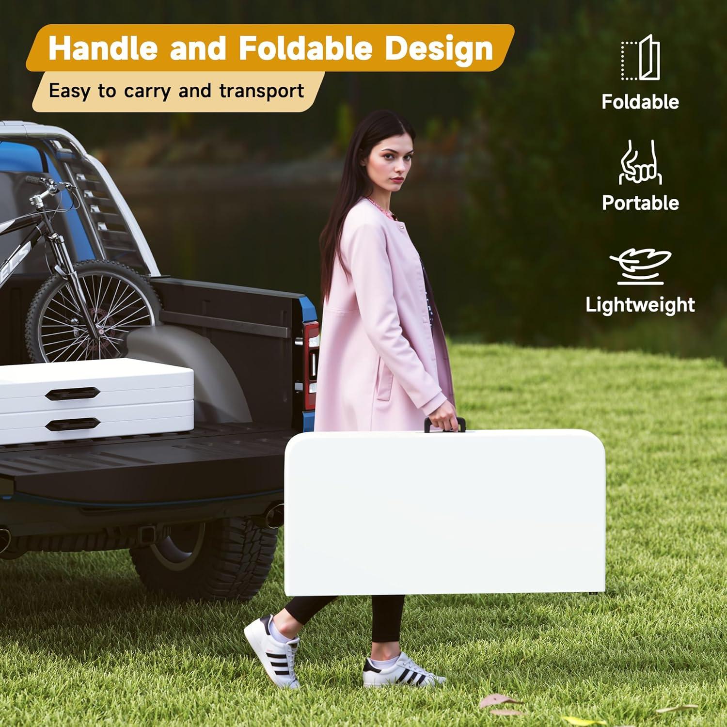 4 ft Portable Folding Table, Idustrial Heavy-Duty Foldable Table, HDPE Plastic Table, with Carrying Handle, Locks, Stright Legs for Indoor & Outdoor Party, Barbeque, Camping, Board Games - White