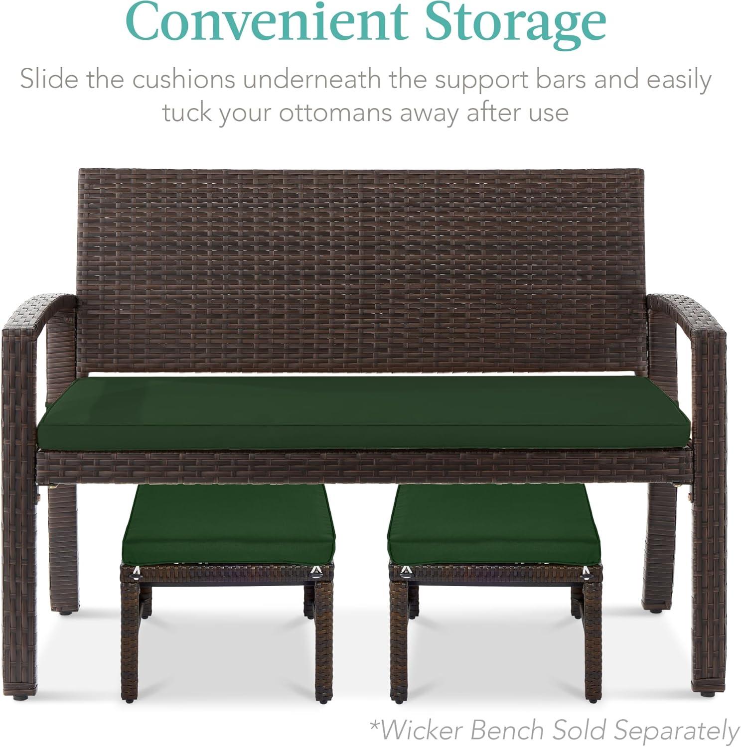 Dovecove Set Of 2 Multipurpose Patio Wicker Ottomans W/ Removable Cushions - Midnight Green/Brown