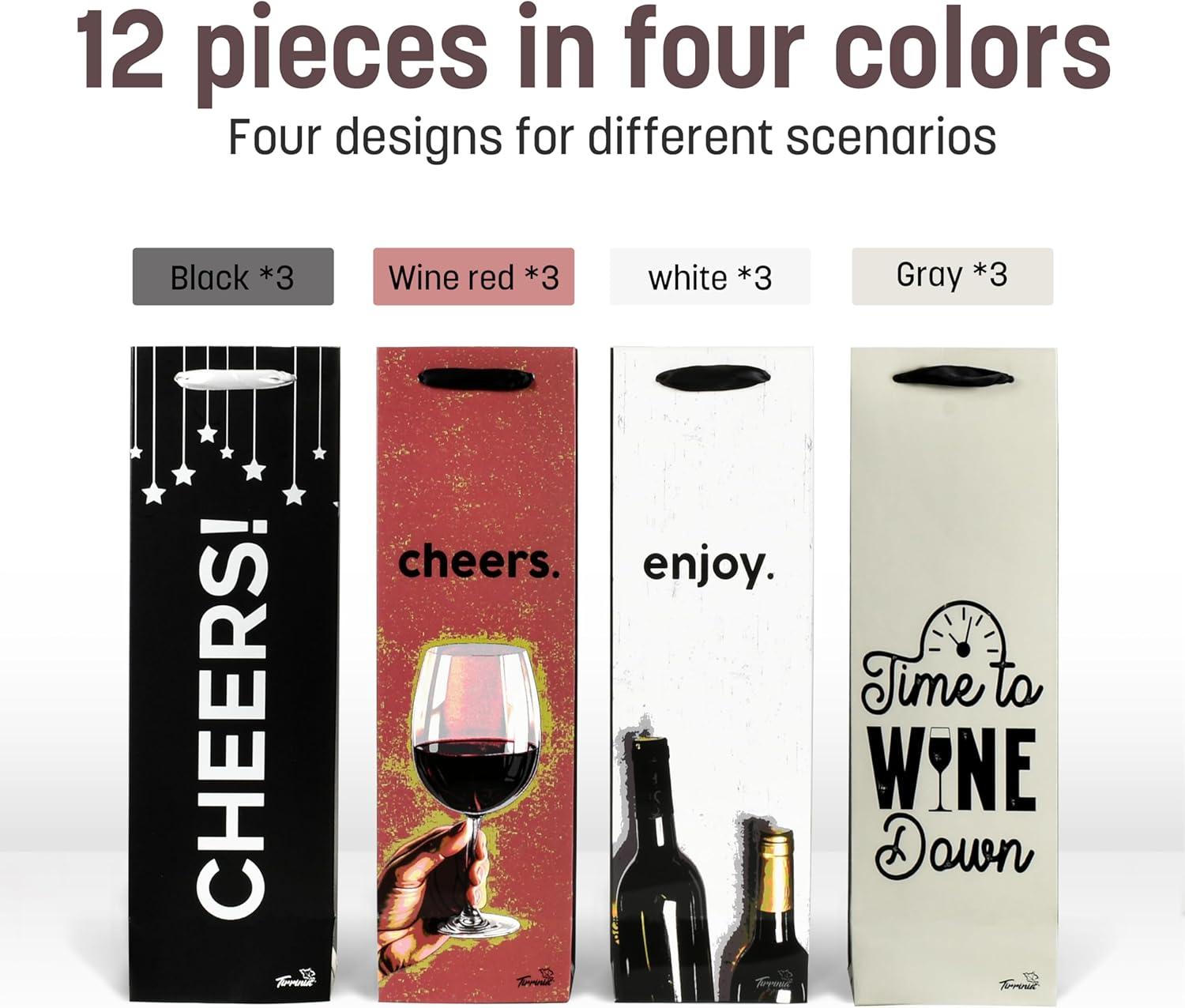 Tirrinia Tirrinia 12 Pieces Wine Gift Bags, 4 Designs Silk Handles Recyclable Paper Wine Bottle Bags