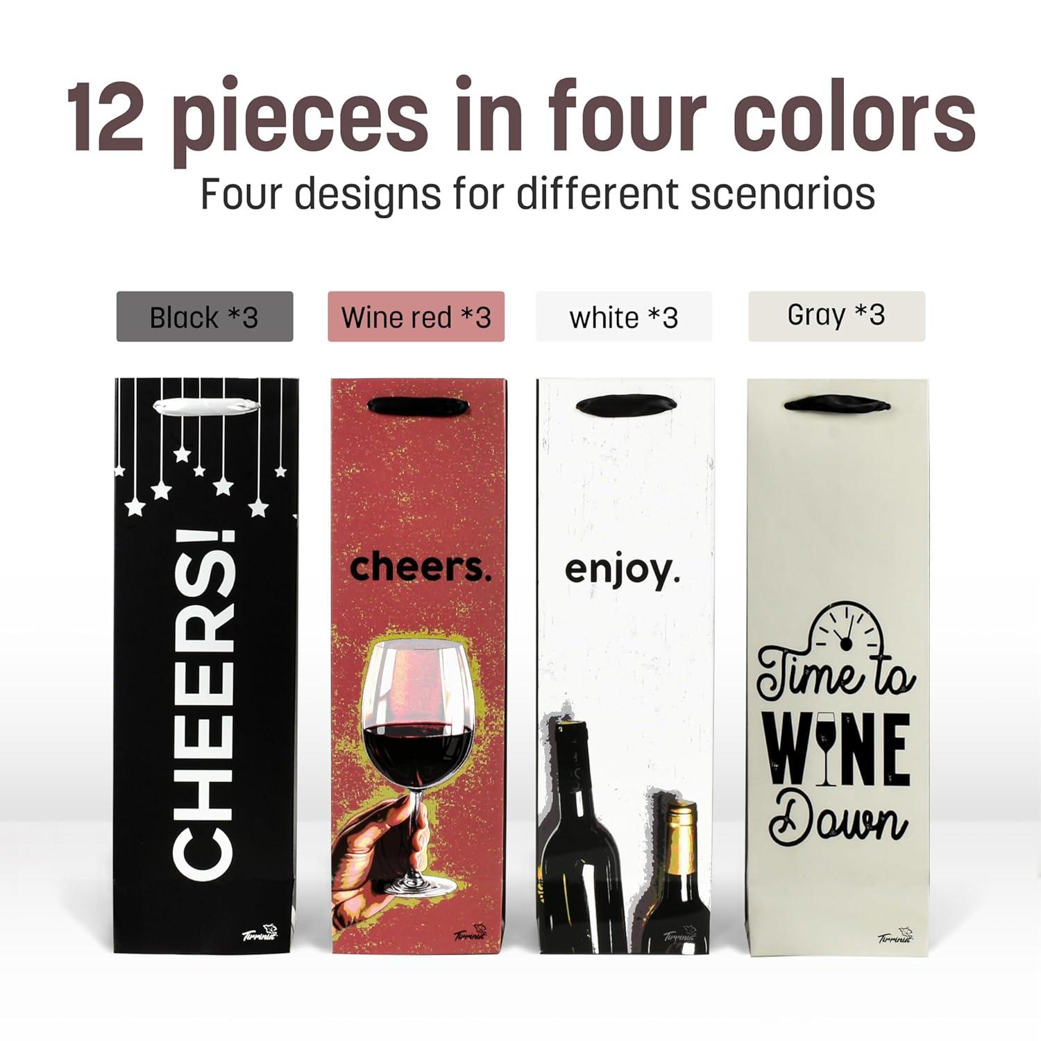 Tirrinia Tirrinia 12 Pieces Wine Gift Bags, 4 Designs Silk Handles Recyclable Paper Wine Bottle Bags