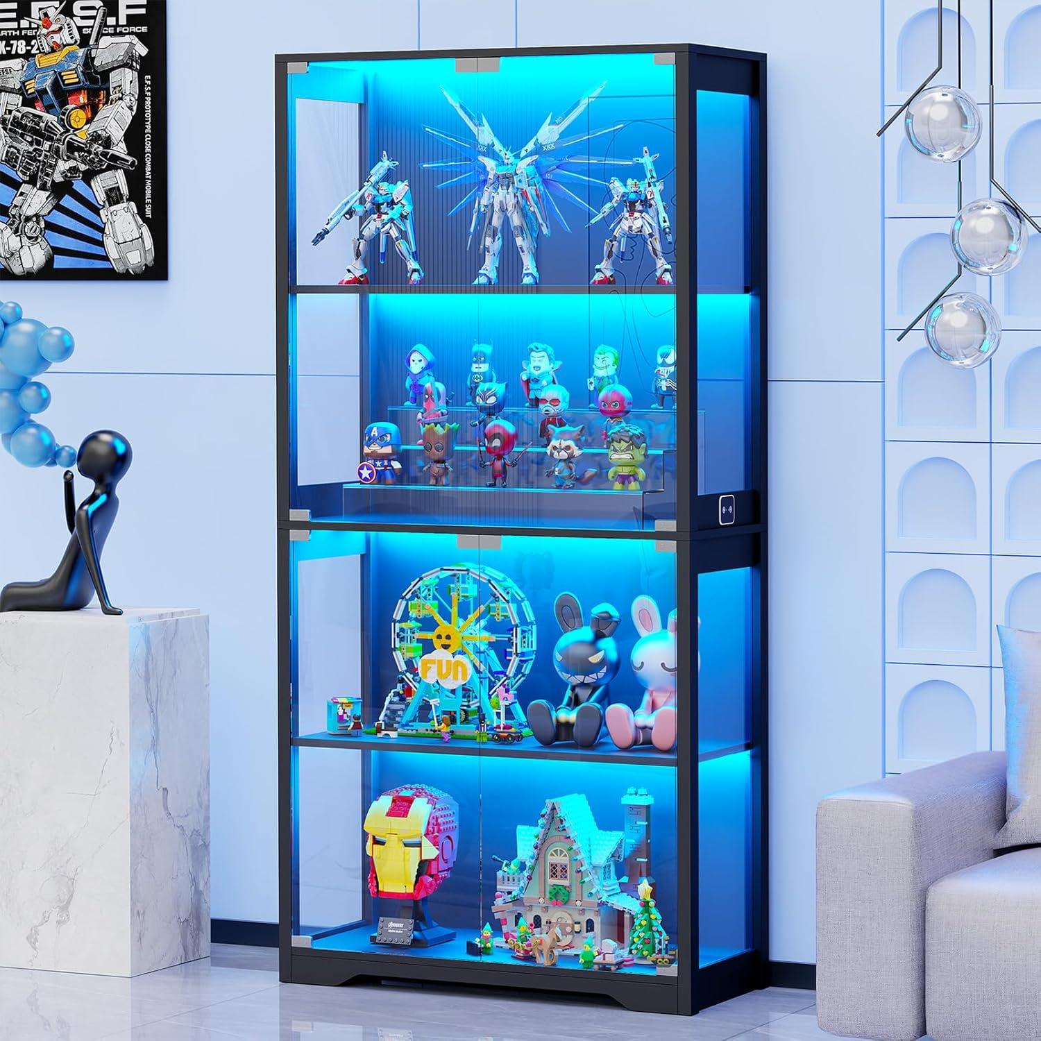 Display Cabinet with Glass Doors, 4-Tier Curio Cabinet&Bookcase with 3 Color Light for Collectibles