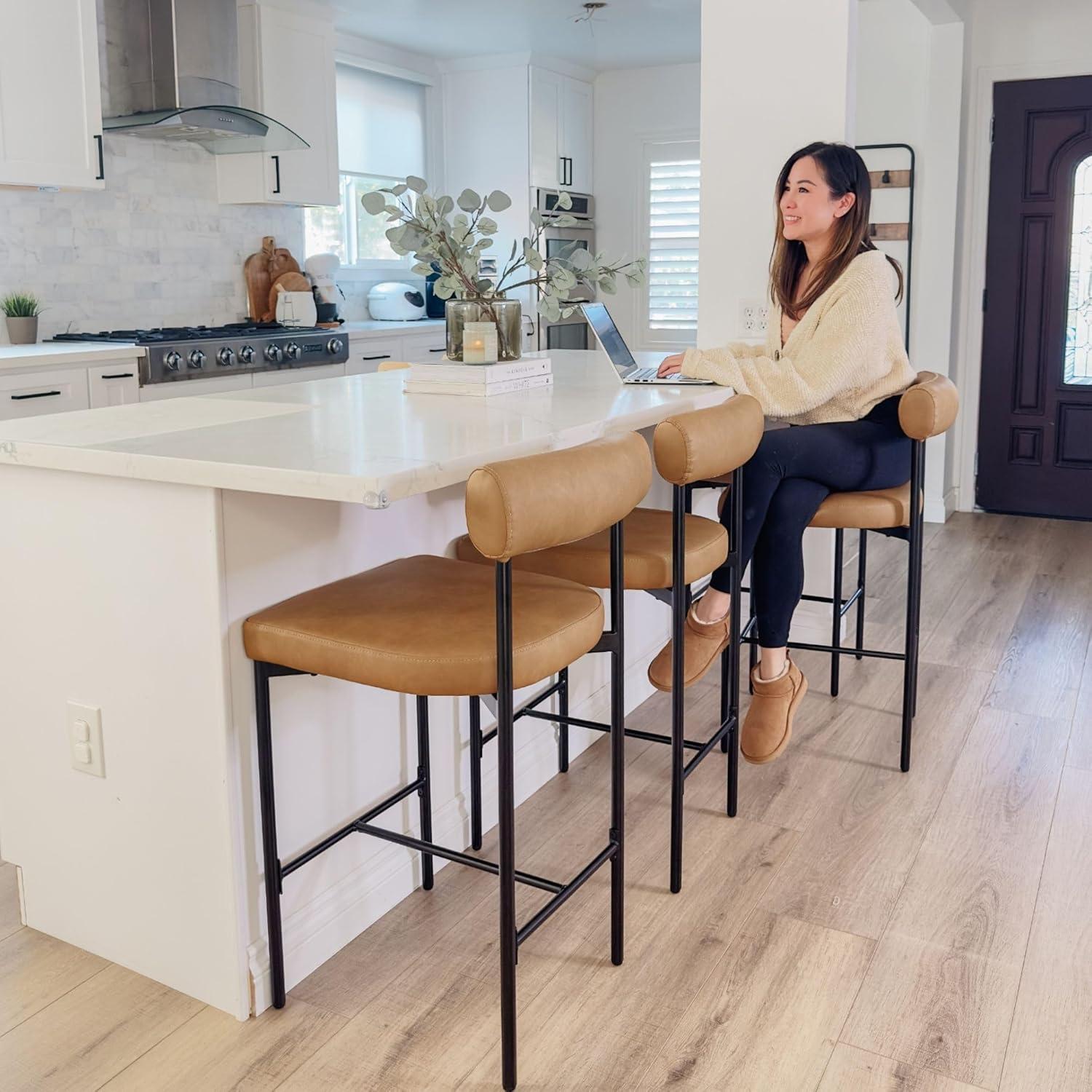 Nathan James Set of 2 Dahlia Counter Height Barstools Brown Faux Leather