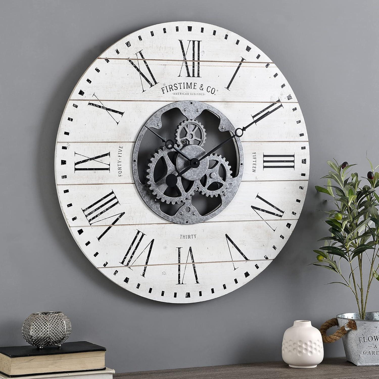 FirsTime & Co. White Shiplap Gears Wall Clock, Farmhouse, Analog, 27 x 2 x 27 in