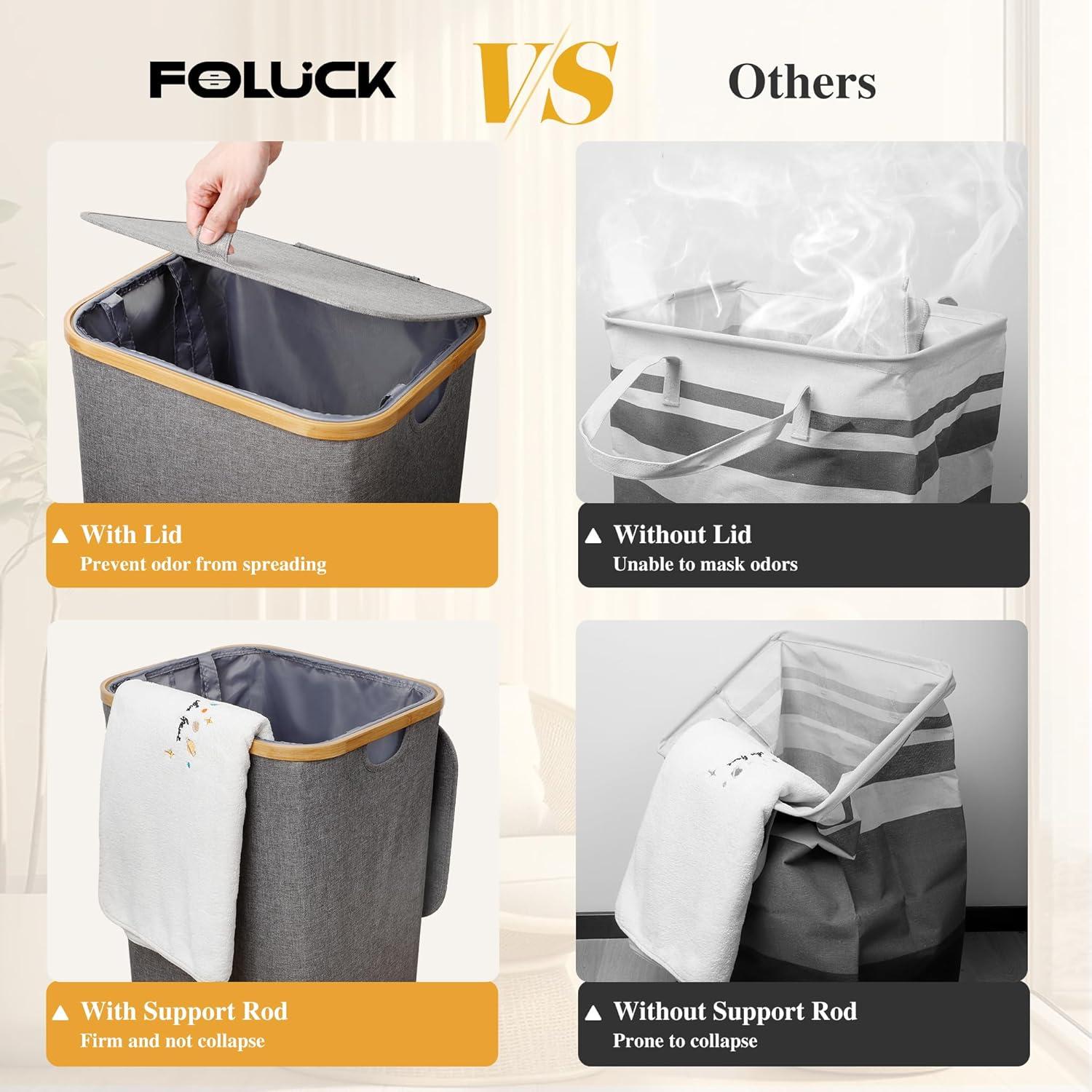 Large Laundry Hamper, 100L Waterproof Laundry Basket with Lid and Removable Bag, Collapsible Tall Clothes Hamper with Bamboo Handles for Clothes Toys in Dorm Bedroom Bathroom, Grey