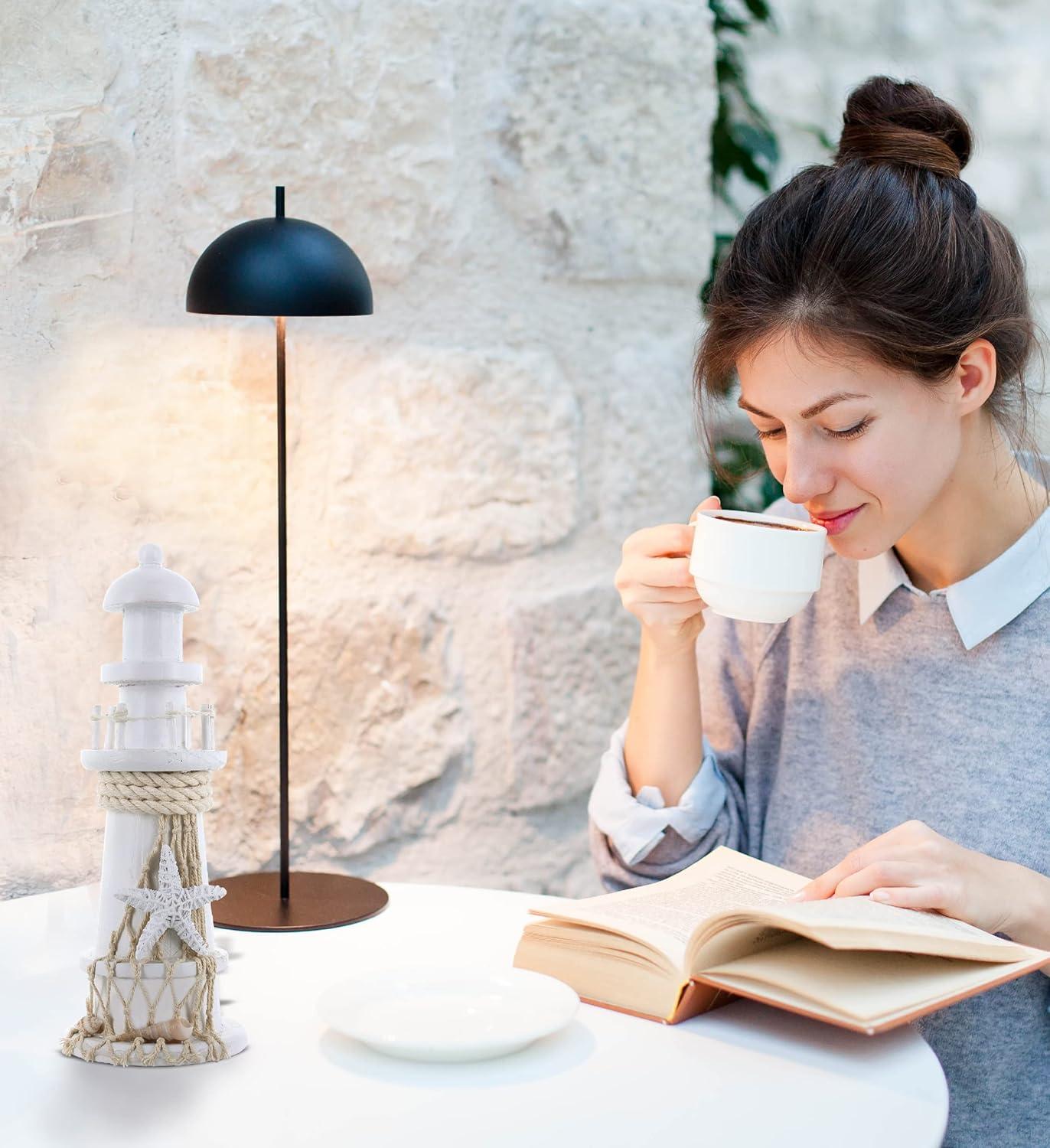 Handcrafted White Wooden Lighthouse Figurine with Starfish Decor