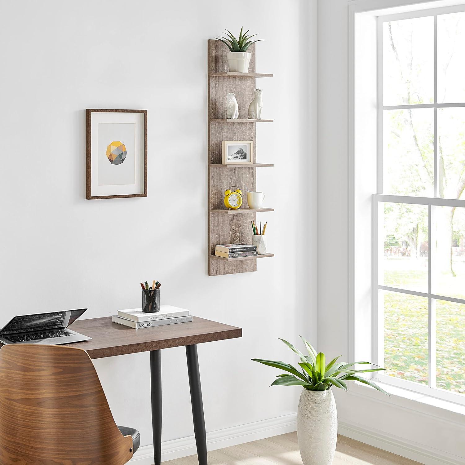 Danya B. 47" x 11.7" Wide Vertical Column Wall Shelf Weathered Oak: Mid-Century Laminated MDF, Iron Hardware