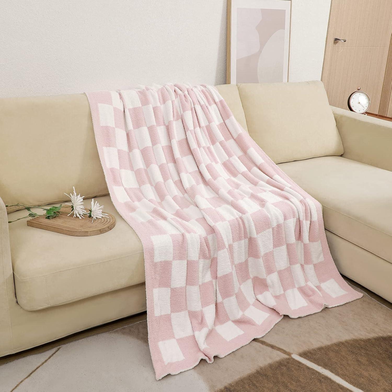 bearberry Fuzzy Checkerboard Grid Throw Blanket Knitted Soft Cozy Warm Microfiber Blanket Decor for Couch Sofa Bed Travel Home (Pink, 40''x50'')