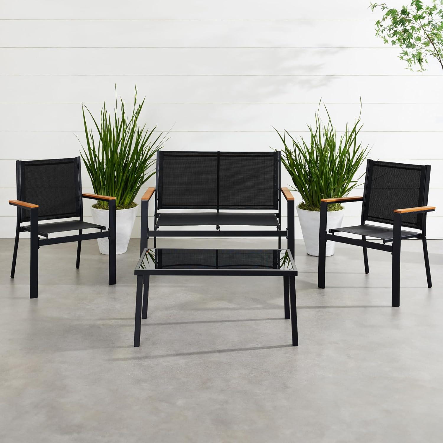 Black Steel 4-Piece Outdoor Patio Conversation Set with Faux Wood Armrests