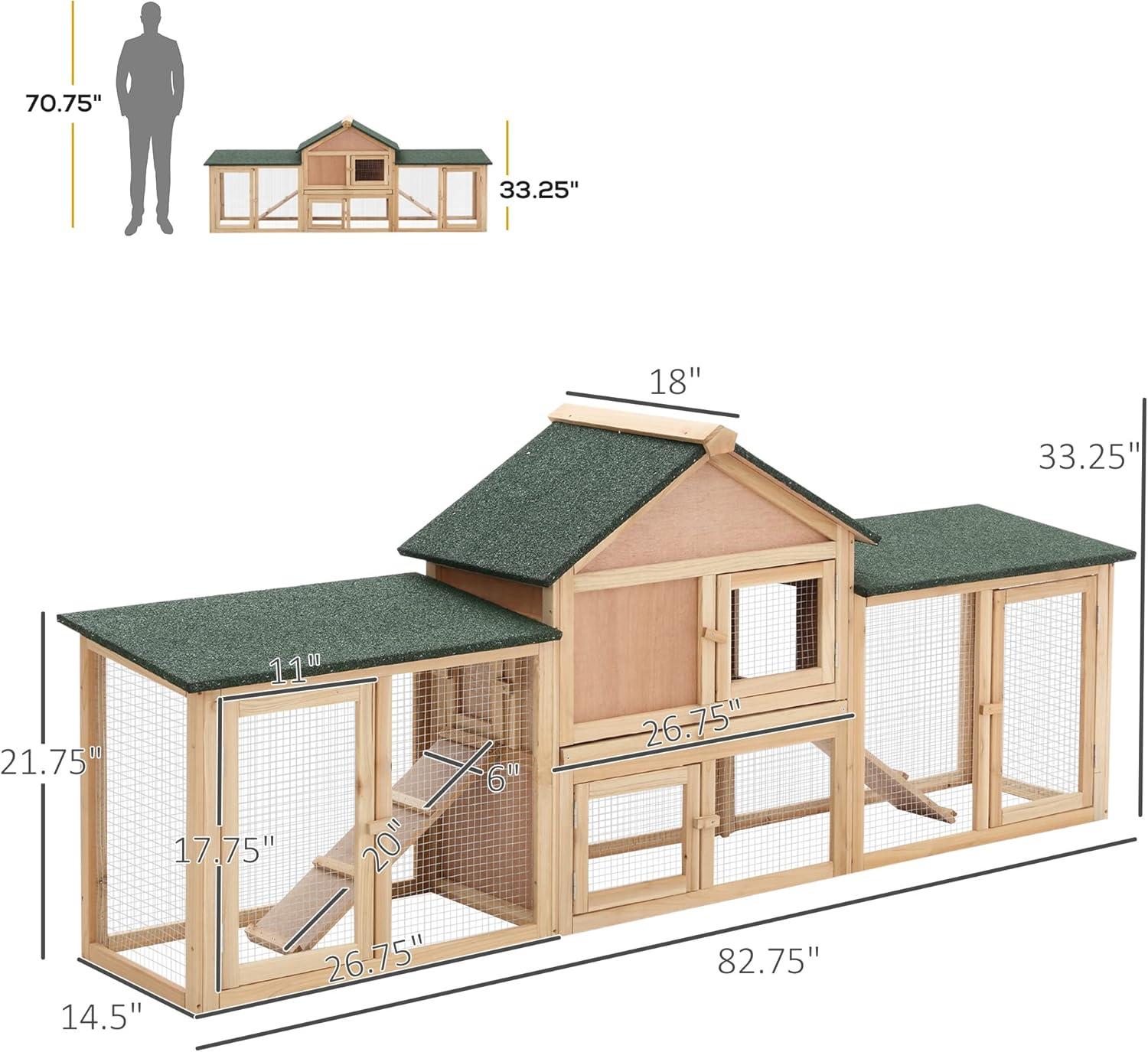 PawHut 83" L Outdoor Rabbit Hutch with Double Runs, Large Guinea Pig Cage Indoor, Wooden Bunny Hutch with Weatherproof Roof, Removable Tray, Ramps, Natural
