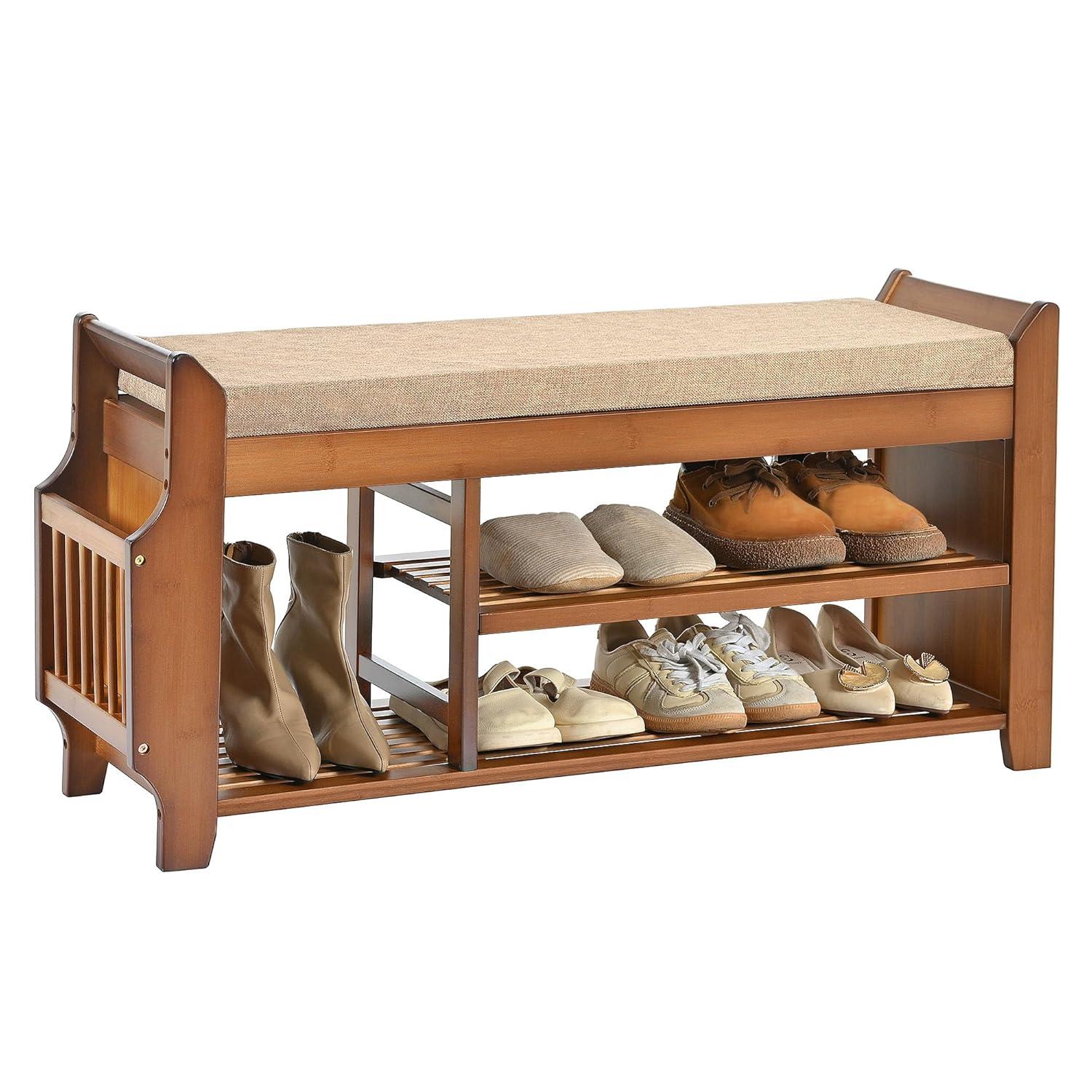 Bamboo 2-Tier Shoe Storage Bench with Hidden Drawer