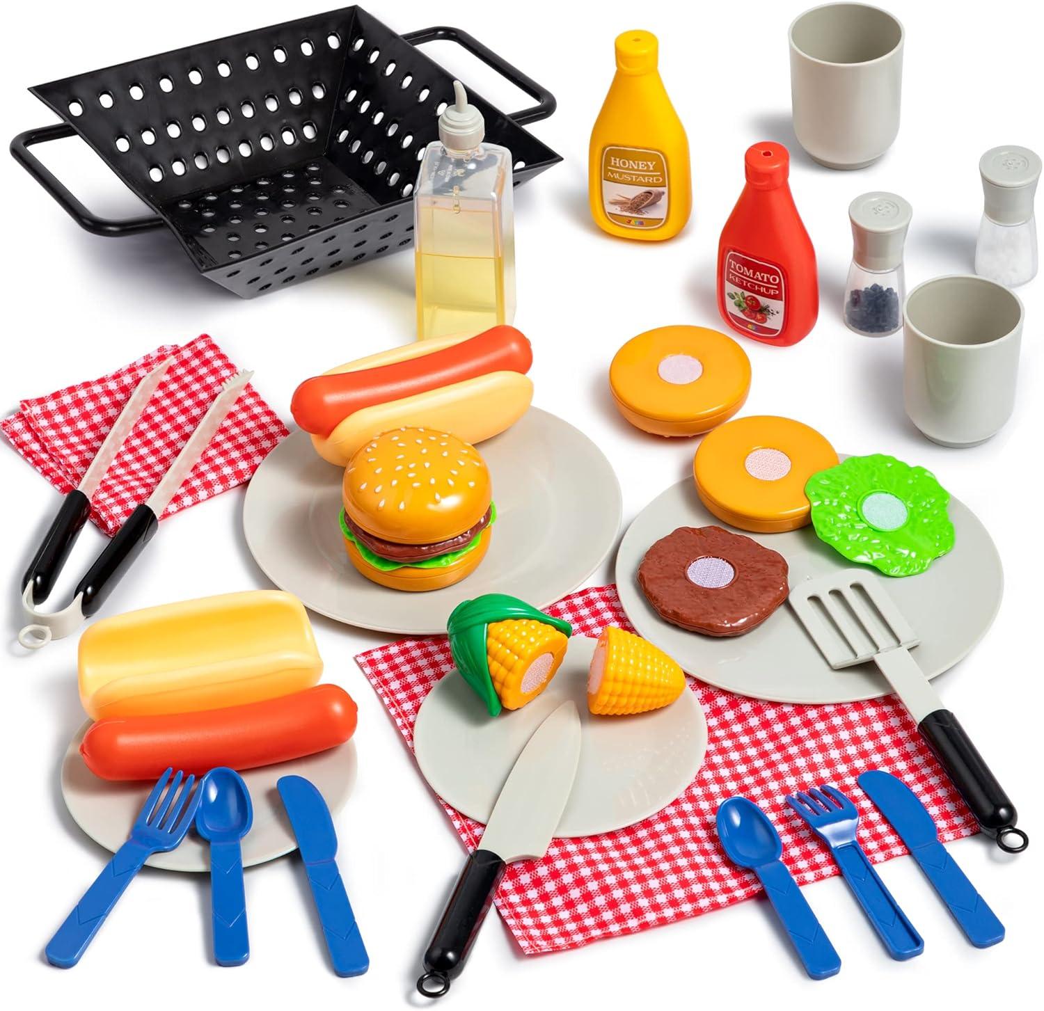 Joyfy 27 Pcs Kids Kitchen Toy Playset, BBQ Grill Pretend Play Food Sets, Gift for Toddlers 2 3 4 Years Old Girls Boys