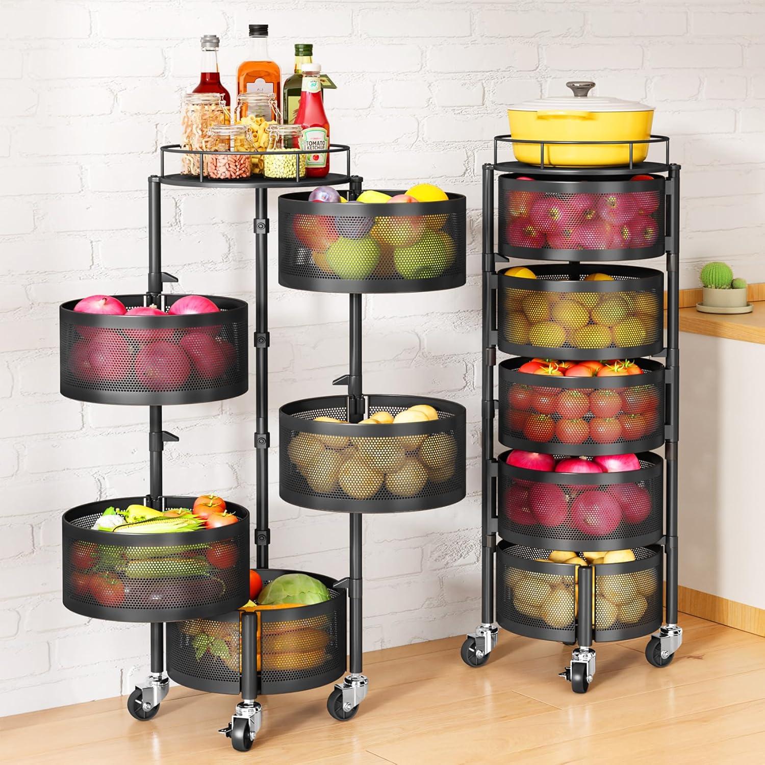 Black Metal 5-Tier Rotating Storage Rack with Wheels