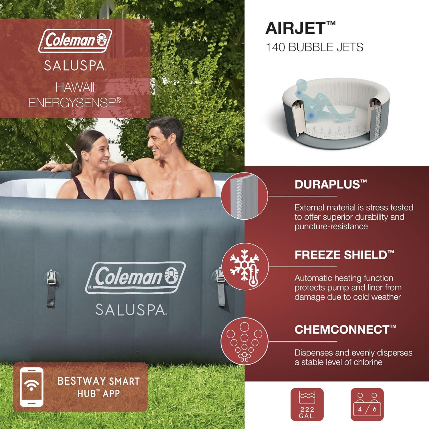 Bestway Coleman Hawaii AirJet Large Square 4 to 6 Person Inflatable Hot Tub Portable Outdoor Spa with 140 AirJets and EnergySense Cover, Grey