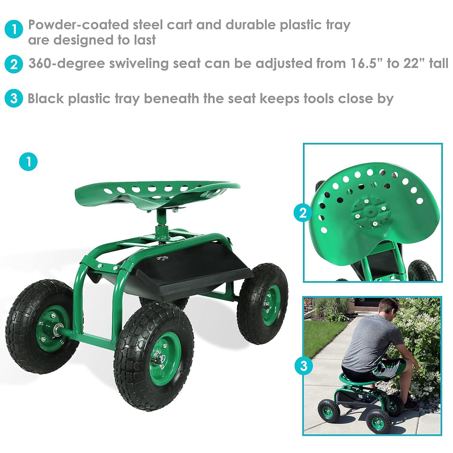 SunnyDaze Decor Steel Rolling Garden Cart Scooter with Swivel Seat and Tool Tray