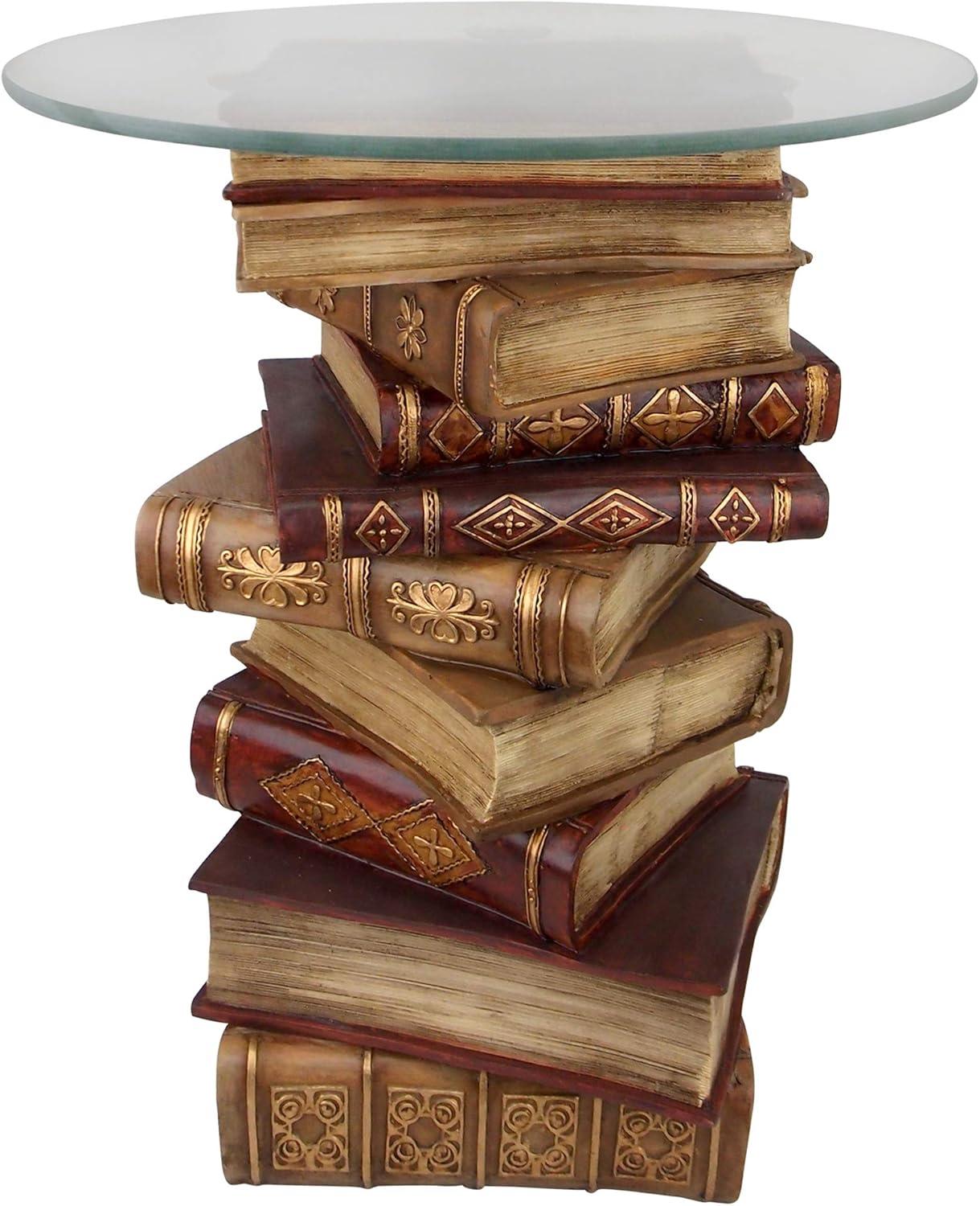 Vintage Stacked Books End Table with Glass Top