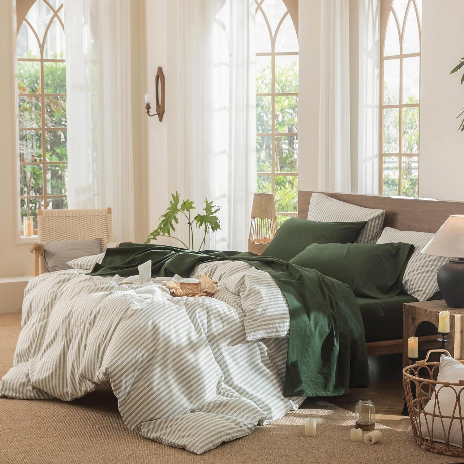 MOOMEE 100% Washed Cotton Linen Like Textured Duvet Cover Set