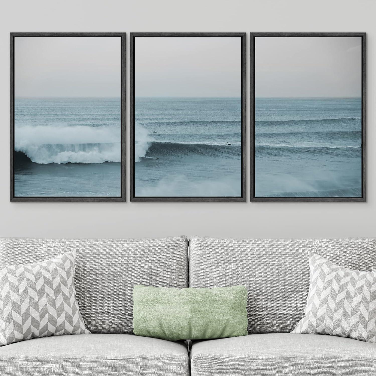 Coastal Beach Nautical Rushing Ocean Waves Surfing Modern Beachy Photos Framed Canvas 3 Pieces Print Wall Art