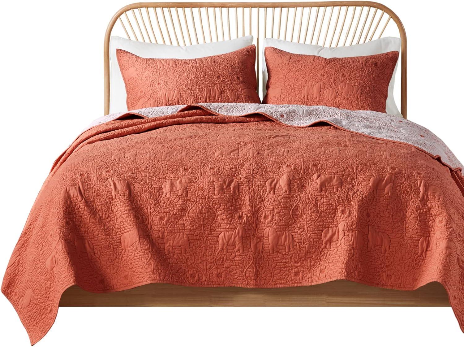 Coral Cotton Full Quilt Set with Reversible Elephant & Floral Design