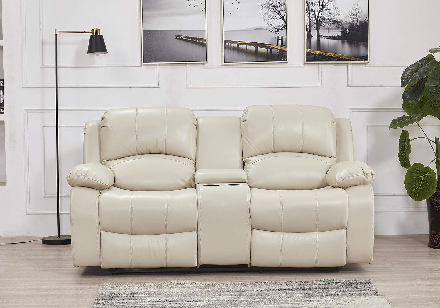 Beige Bonded Leather Reclining Sofa and Loveseat Set