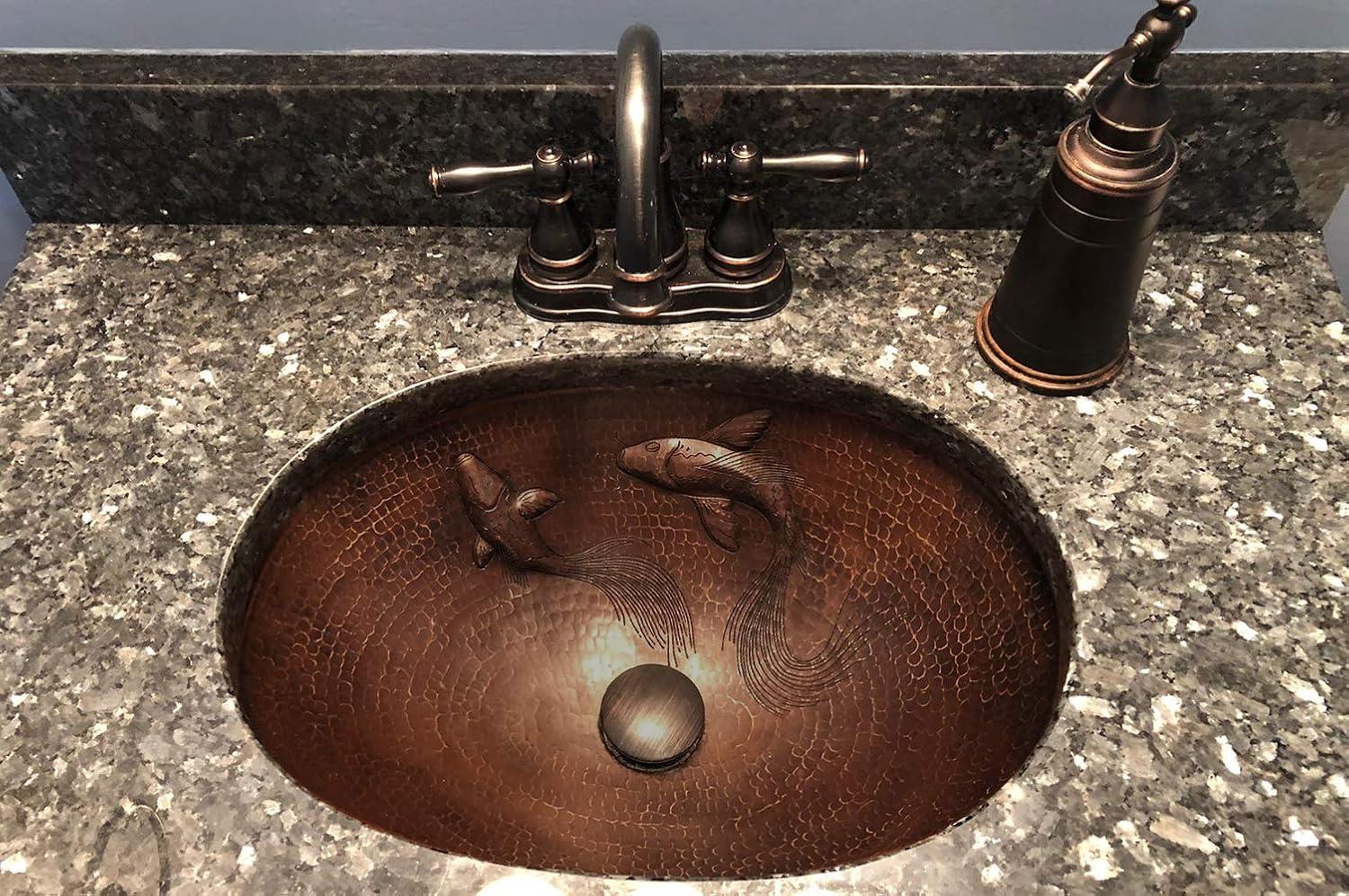 19" Oval Under Counter Hammered Copper Bathroom Sink with Koi Fish Design