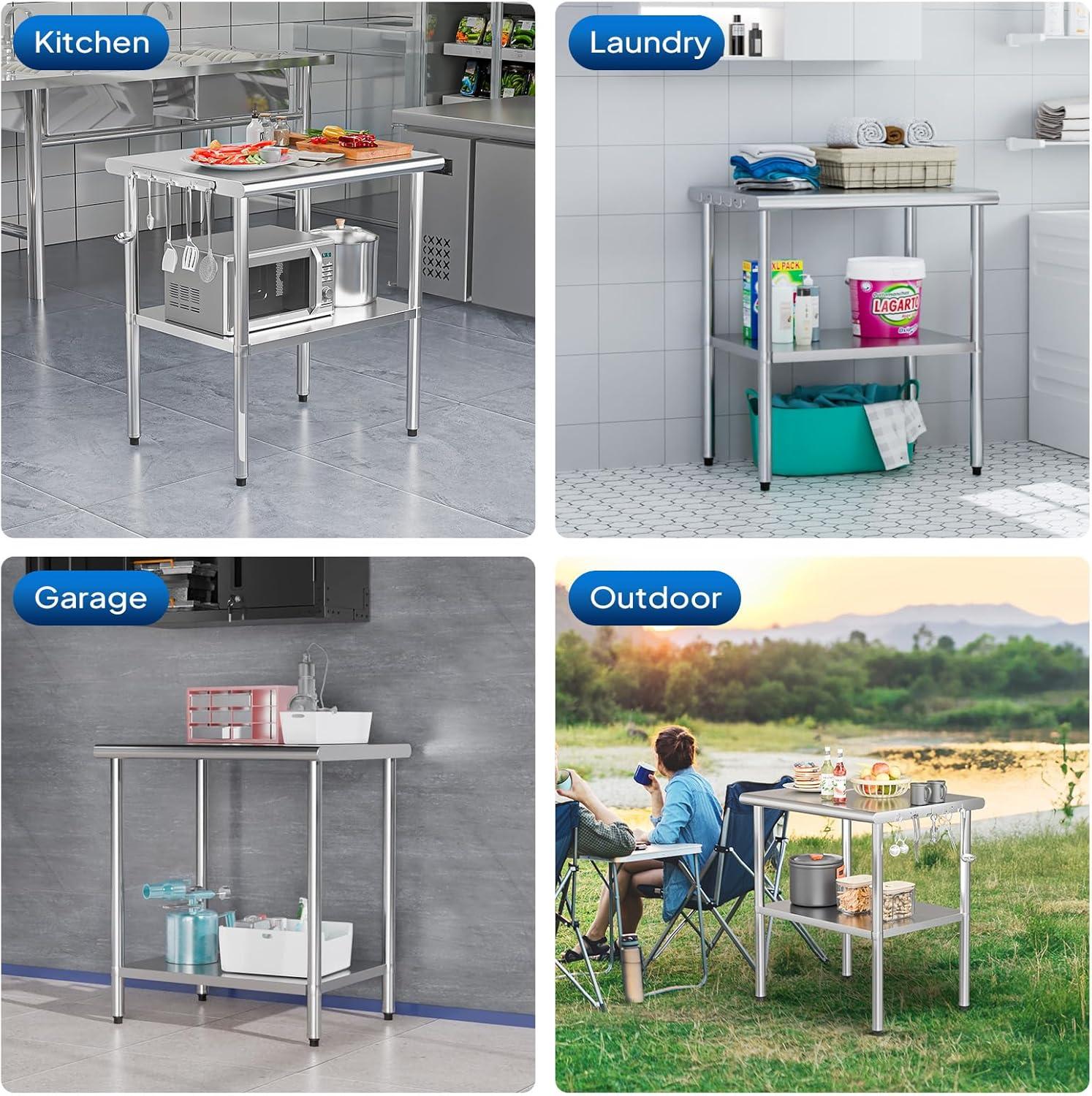 ROVSUN 36'' x 24'' Stainless Steel Table for Prep & Work, Metal Table with Undershelf for Kitchen Restaurant, Home